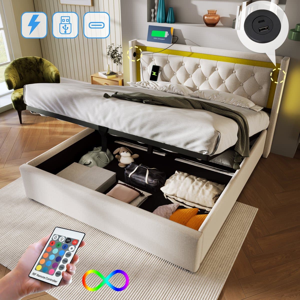 STILVORA Gestoffeerd Bed 140x200 cm – Tweepersoonsbed Met LED & USB + Type C – Opbergbed Met Gaslift – Katoen – Lichtbeige – Zonder Matras