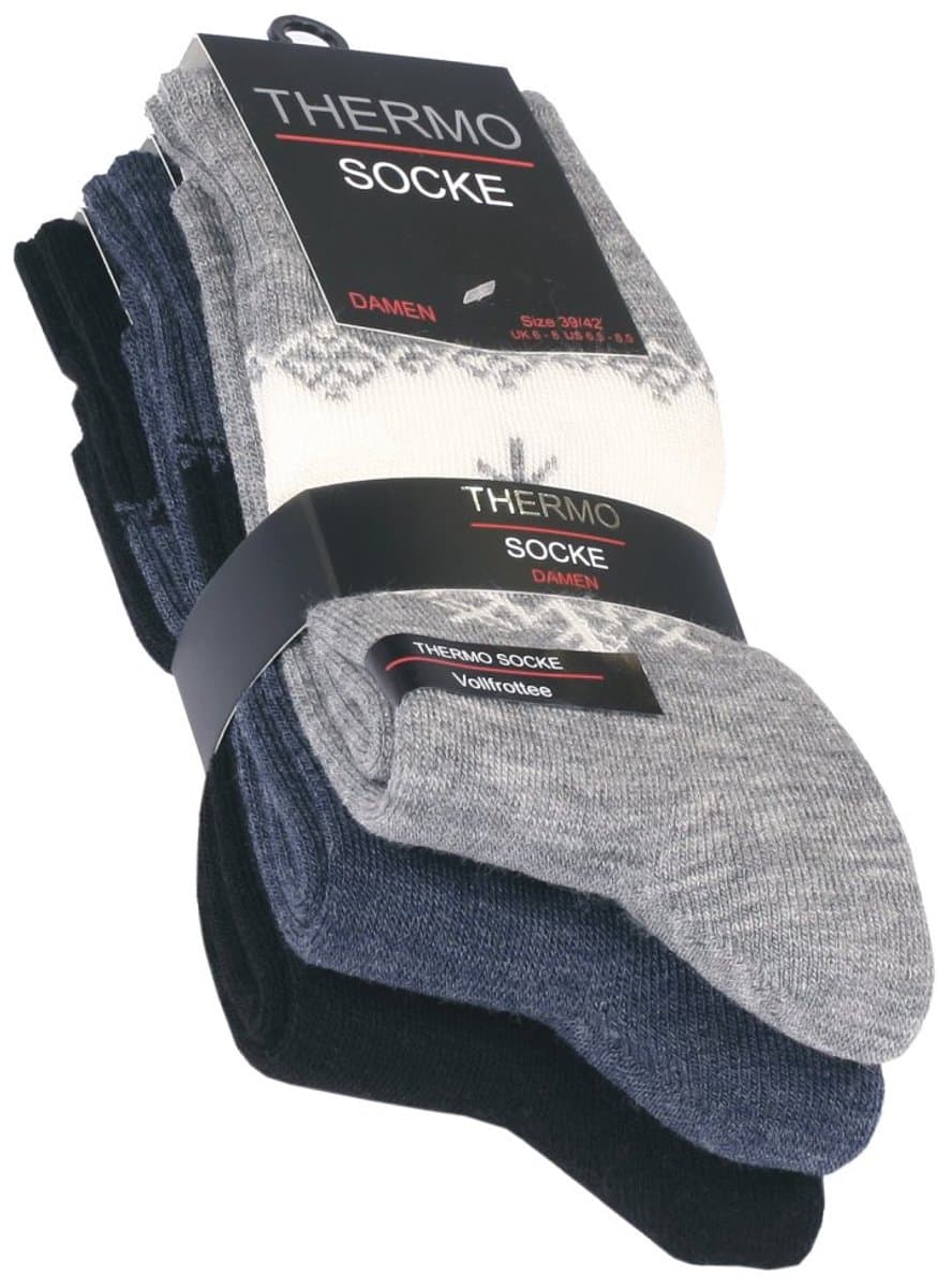 3paar Thermo damessokken warme sokken met sneeuwvlokmotief in grijs, blauw en zwart maat 35-38