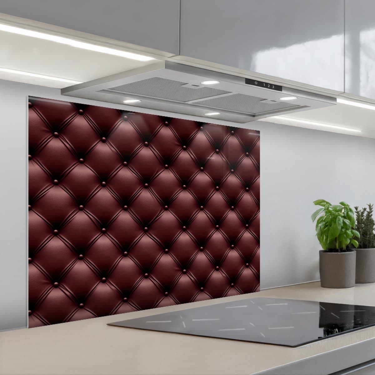 Spatscherm 90x70 cm - Zelfklevende achterwand Leer - Patroon - Bordeaux - Keuken muurbeschermer - Spatwand fornuis