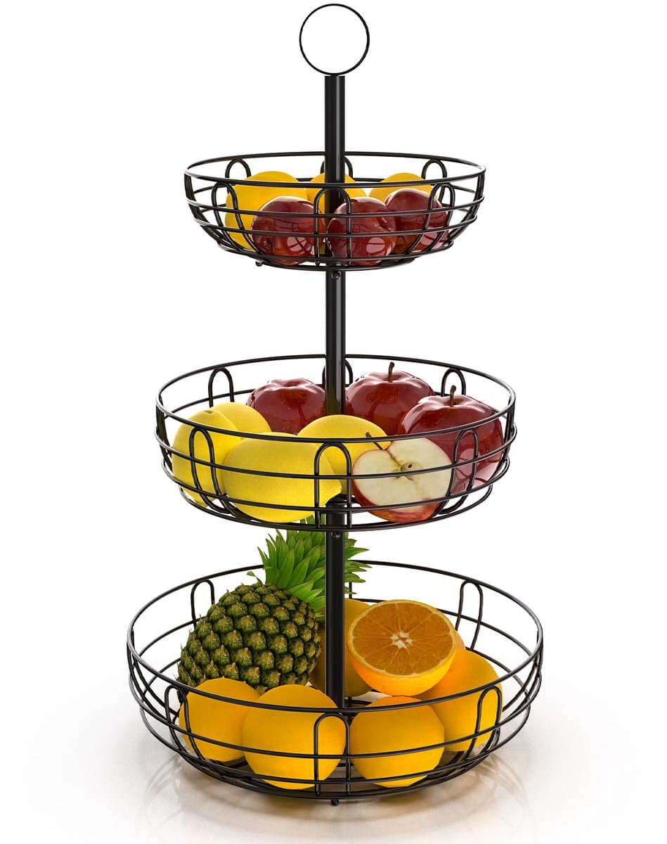 Fruitmand met 3 lagen voor op het aanrecht - Drielaagse metalen draadmand - Fruitschaal met drie lagen voor groenten en fruit