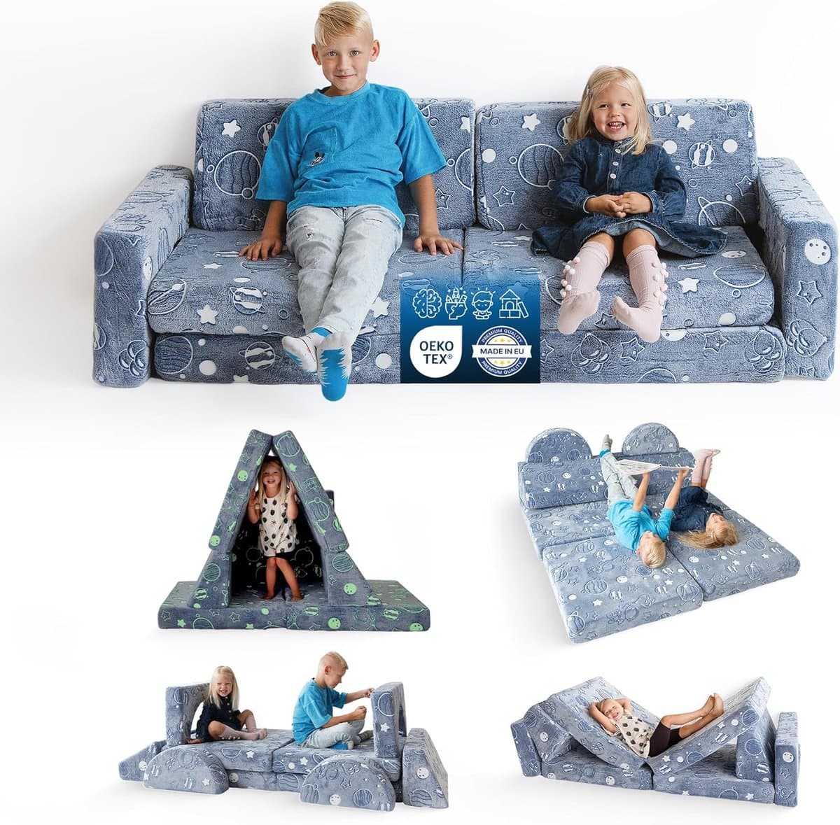 10-delige Converteerbare Kinderbank met afneembare fluwelen hoes - Zachte en elastische Baby Slaapbank - Lichtgevende Kinderslaapbank met rugleuning, armleuningen en kussens