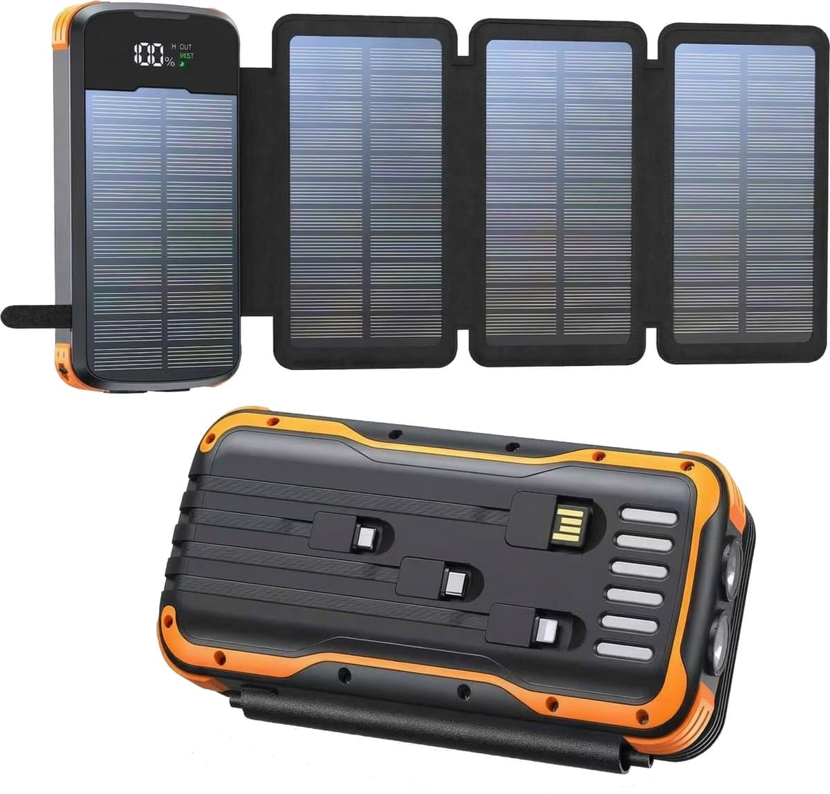 Lugia Solar+ Powerbank 30000 mAh – 5 Apparaten Tegelijk – 4 Ingebouwde Kabels – 3 Poorten – Zonnepaneel – LED Zaklamp – Outdoor – Zwart