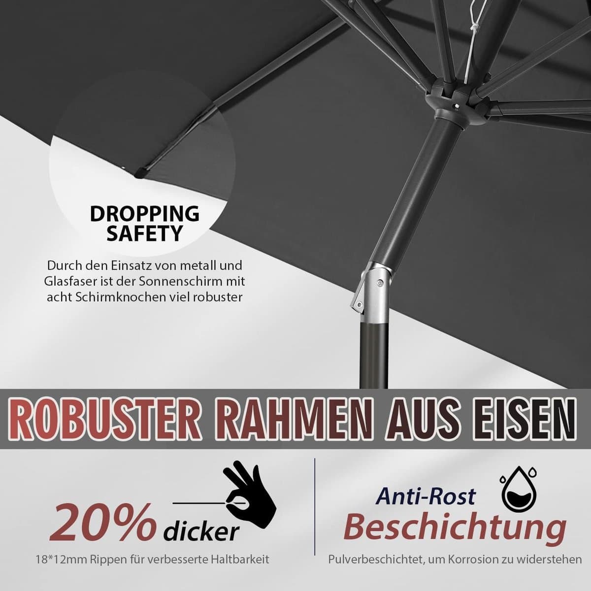 Parasol 271 cm Rond met Zwengel en Kantelfunctie – UPF 50+ UV Bescherming, Waterdicht, Windbestendig, Aluminium Frame – Tuin, Balkon & Terras – Grijs – Laura