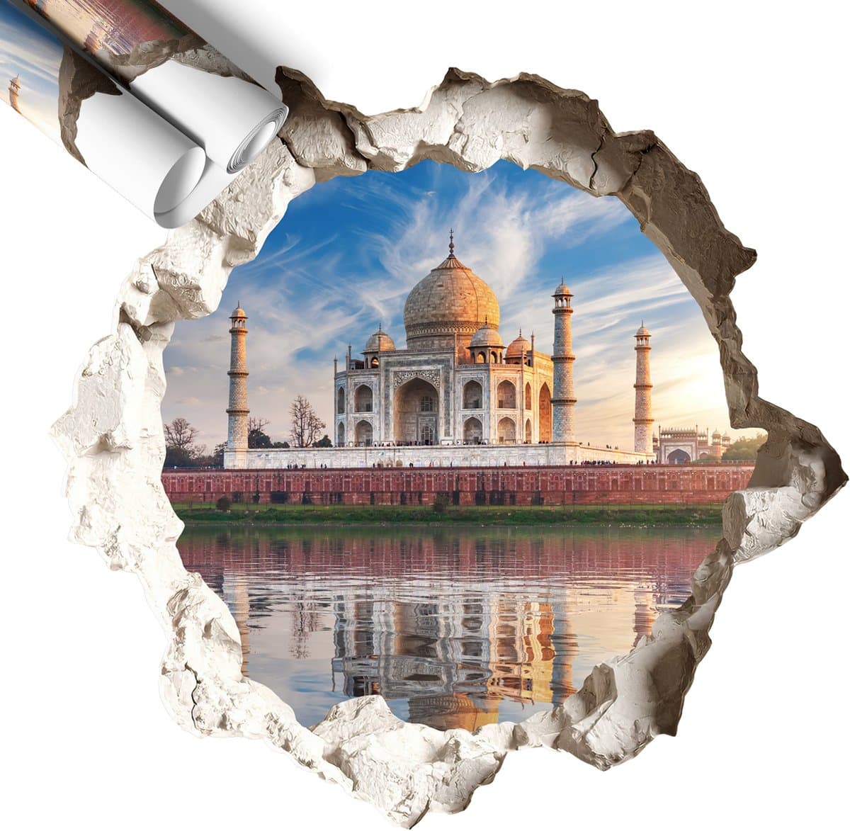 Wallfluent 3D Muursticker - Een exotisch monument 3D Muursticker Effect Gat In De Muur - 100x95 cm - Wit 3D Muursticker Gescheurde Muur - Vinyl Muursticker 3D Breekeffect - Wandsticker 3D Doorkijk - Wandsticker 3D Gat Met Uitzicht