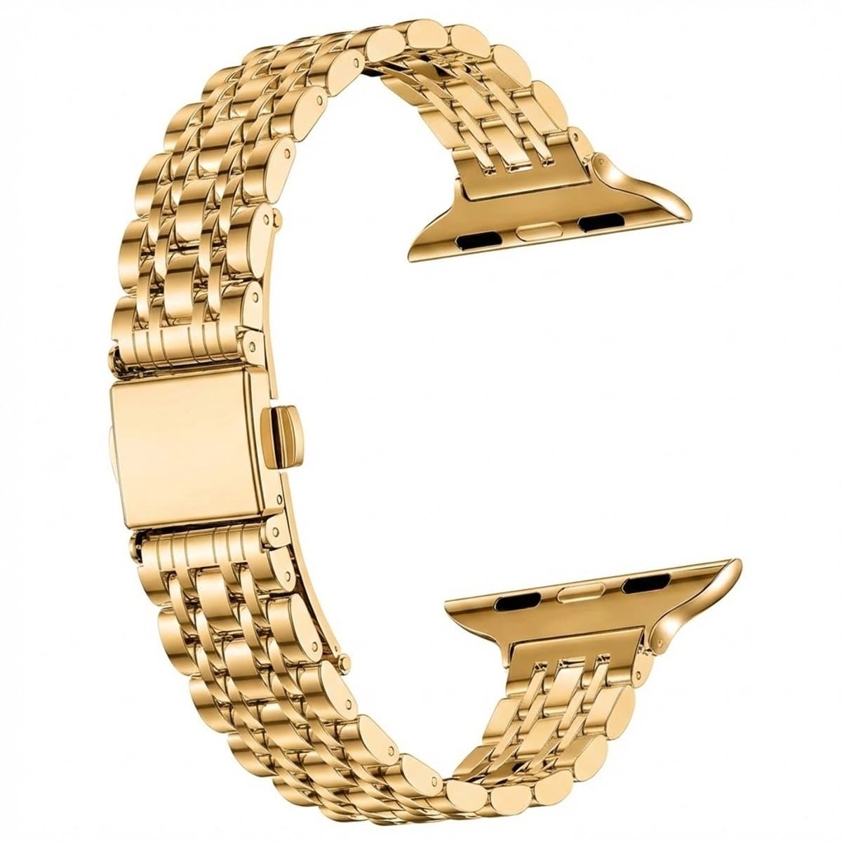 Goudkleurig horloge bandje dames heren smal staal schakel band geschikt voor Apple Watch 42mm (serie 1 / 2 / 3) / 44 mm / 45 mm / 46 mm (serie 10 / 11) / 49 mm (Ultra 1 / 2 / 3)– slanke metalen horlogeband met vouwsluiting
