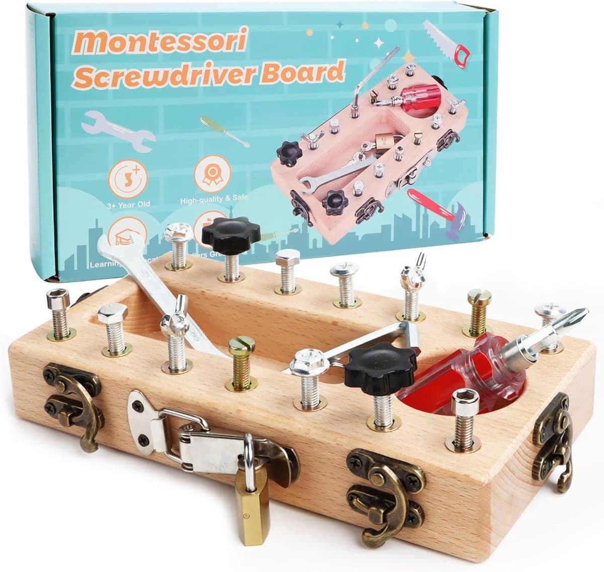 Montessori-speelgoed vanaf 3 jaar - Schroevendraaierbordset, Schroevendraaierbord, Houten speelgoed, Fijne motoriek, Sensorisch speelgoed voor peuters, Klaslokaal, Educatief lesmateriaal