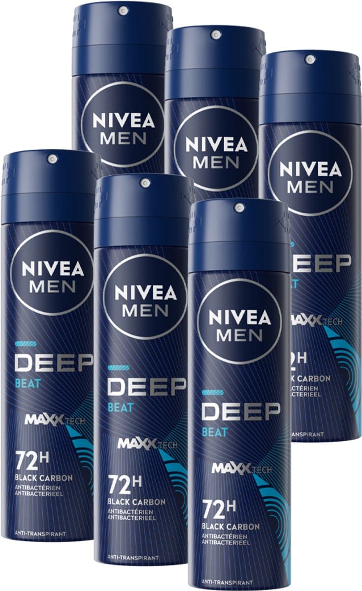 NIVEA MEN Deep Black Carbon Beat Deodorant Spray - 72 uur bescherming – Geur met houttonen - Met zwarte koolstof - Antibacterieel - 6 x 150ml - Voordeelverpakking