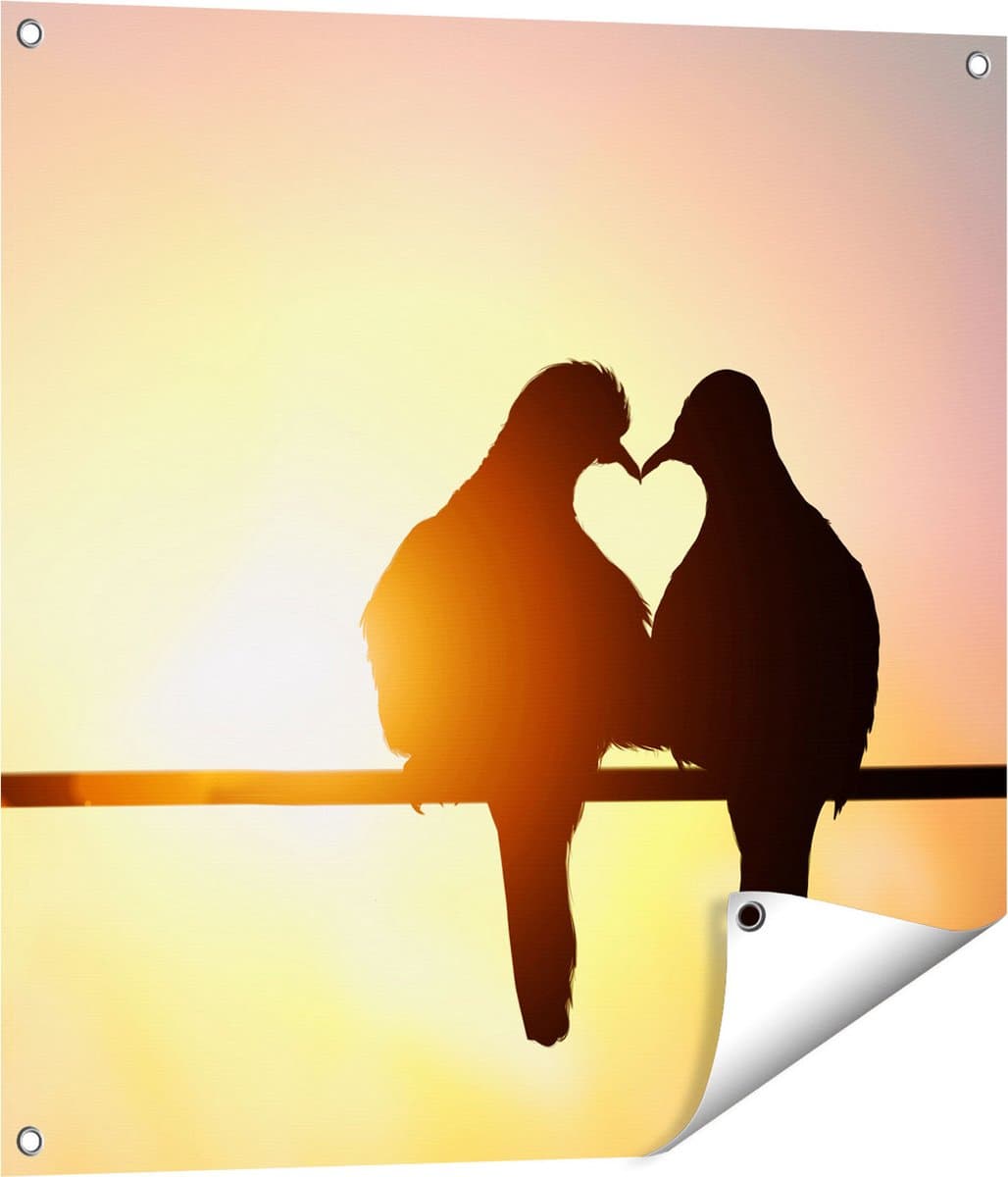 Gards Tuinposter Twee Silhouet Vogels in een Hart Vorm - 70x70 cm - Tuindoek - Tuindecoratie - Wanddecoratie buiten - Tuinschilderij