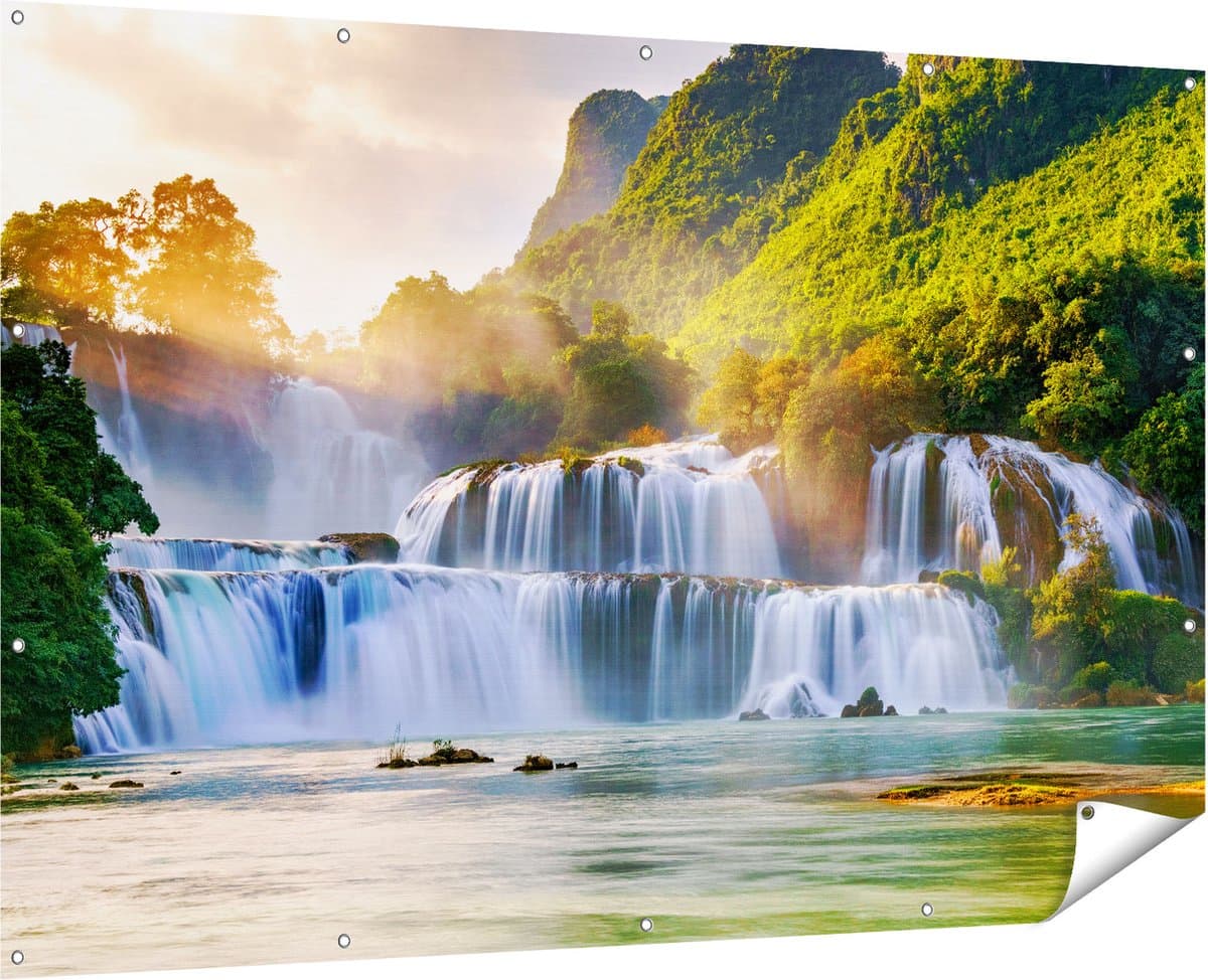 Gards Tuinposter Watervallen tussen de Bomen - 180x120 cm - Tuindoek - Tuindecoratie - Wanddecoratie buiten - Tuinschilderij