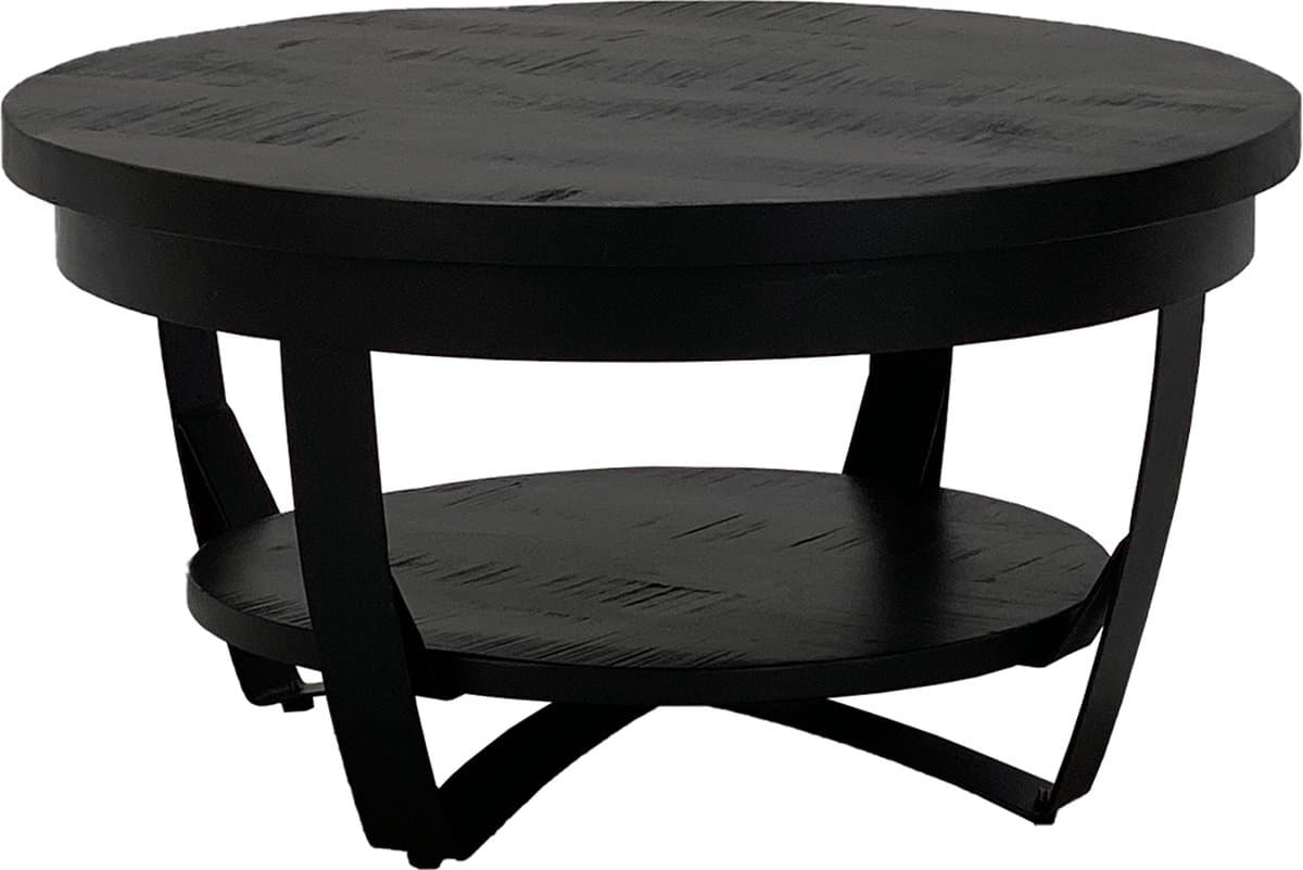 Salontafel Industrieel Mangohout zwart rond 65 cm met onderblad
