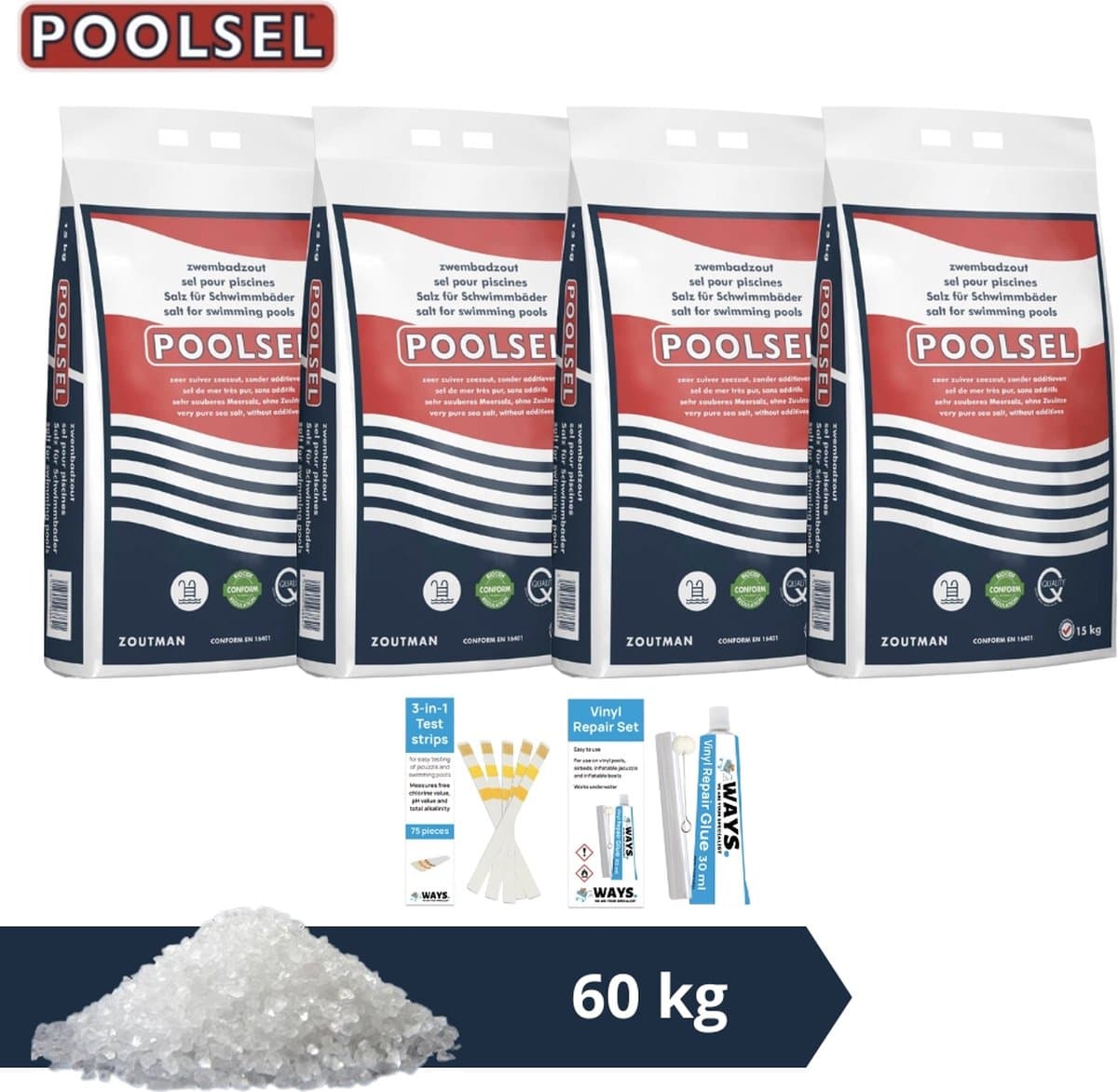 Poolsel zwembadzout - Geschikt voor zoutwatersysteem - 60 kg & WAYS Scrubborstel