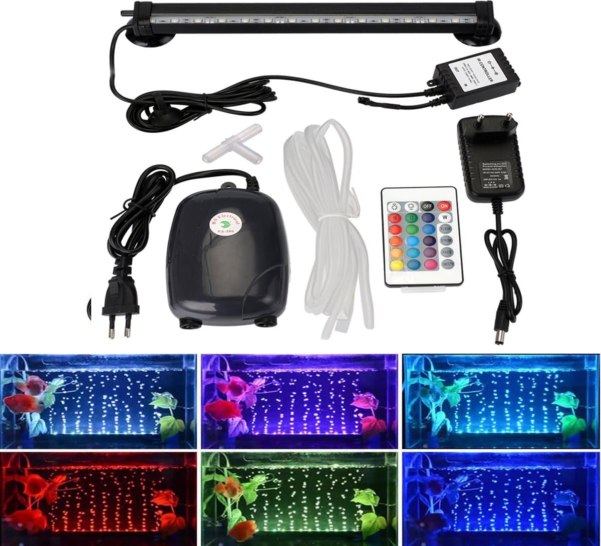 Aquarium LED Verlichting RGB met Luchtbellen 19 cm – 9 LED’s – Inclusief Luchtpomp – IP68 Onderwater Lamp – Met Afstandsbediening