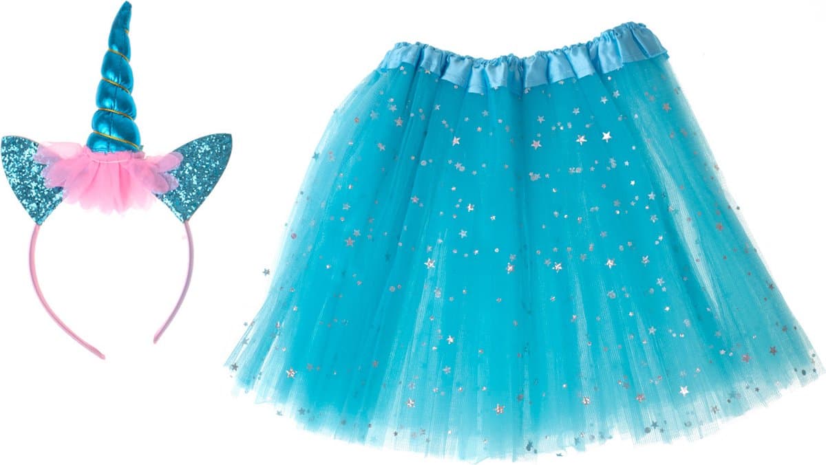 Unicorn Verkleedset Kind – Carnaval Outfit met Glitters & Tutu Rok – Blauw – Unicorn Kostuum voor Meisjes