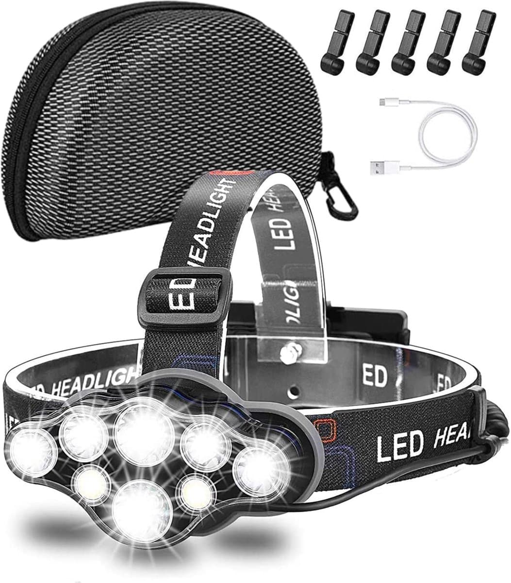 FOXLY® Ultrakrachtige Militaire Hoofdlamp USB Oplaadbaar 18000 Lumen - 8 LED Koplampen - 500 Meter Bereik - 8 modes - INCLUSIEF Hardcase Opbergtas