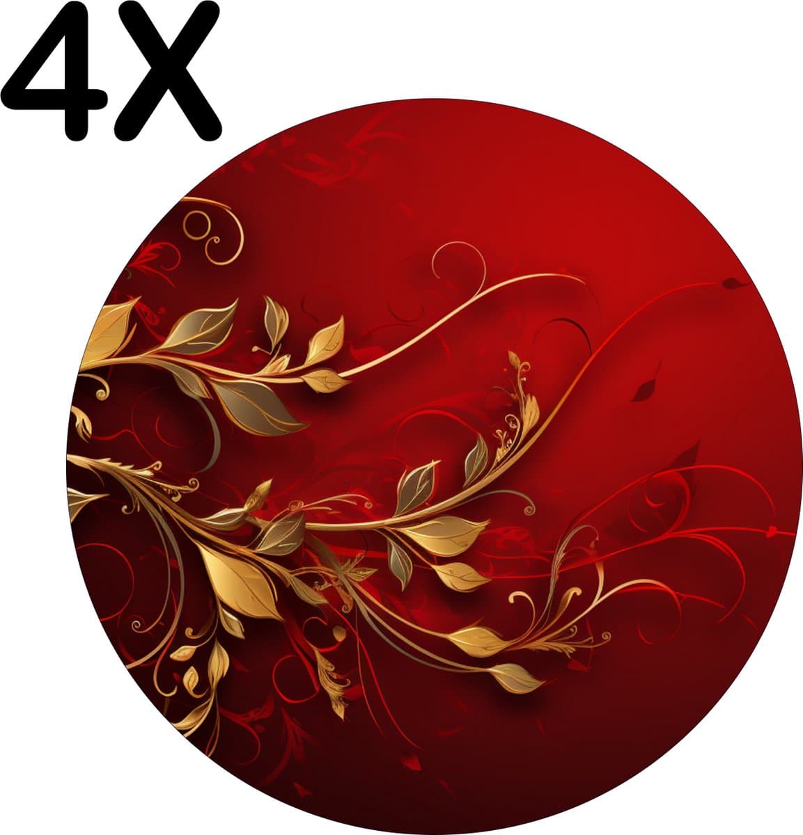 BWK Stevige Ronde Placemat - Goud met Rode Plant op Rode Achtergrond - Set van 4 Placemats - 40x40 cm - 1 mm dik Polystyreen - Afneembaar