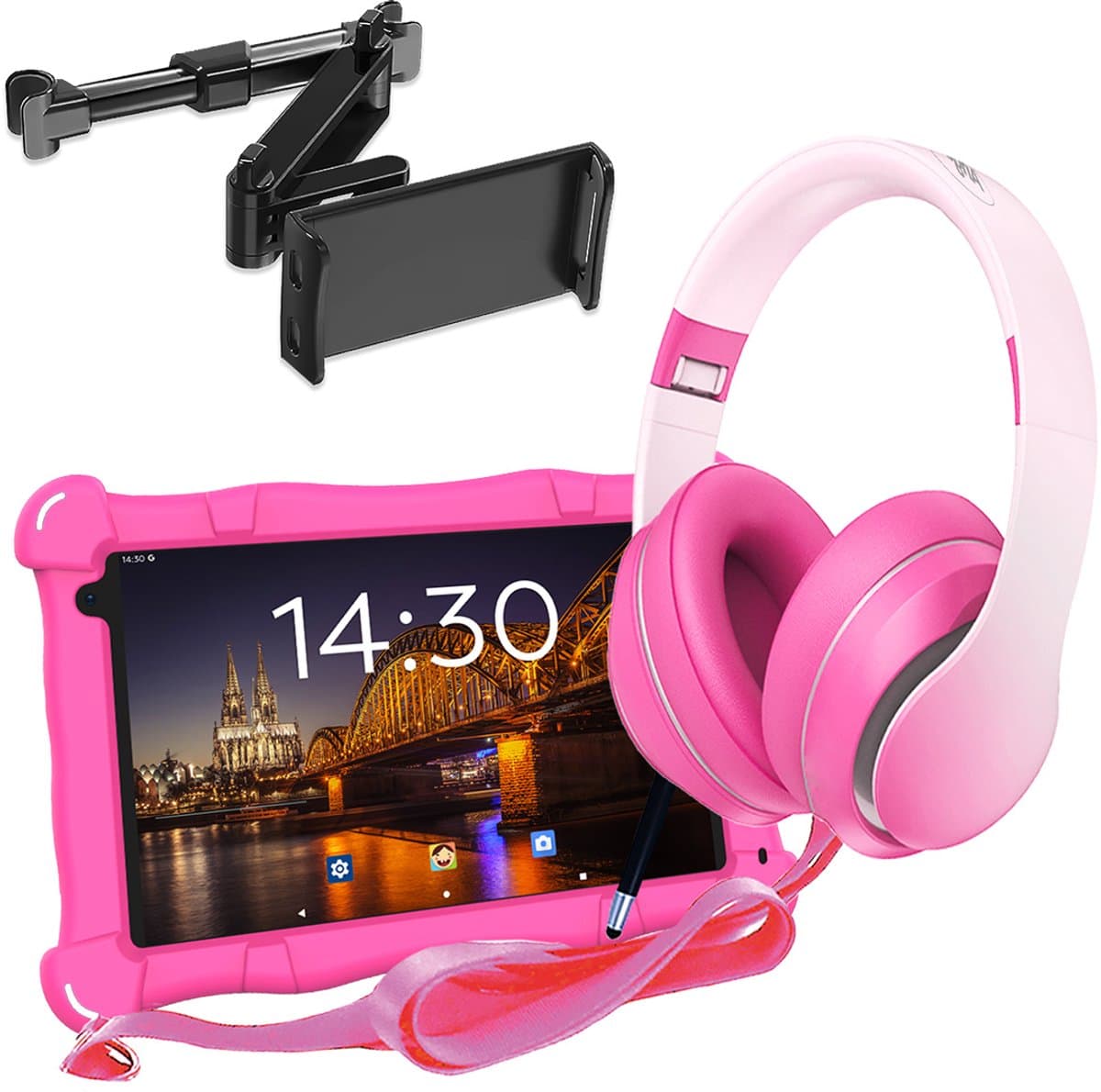 AngelTech Luxe OnderwegPakket SLIM – Kindertablet SLIM + Kinderkoptelefoon + Tablethouder - Android 15 - Kindertablet Vanaf 3 Jaar – Kinder Tablet – Kids Tablet - Tablet voor Kinderen - Roze