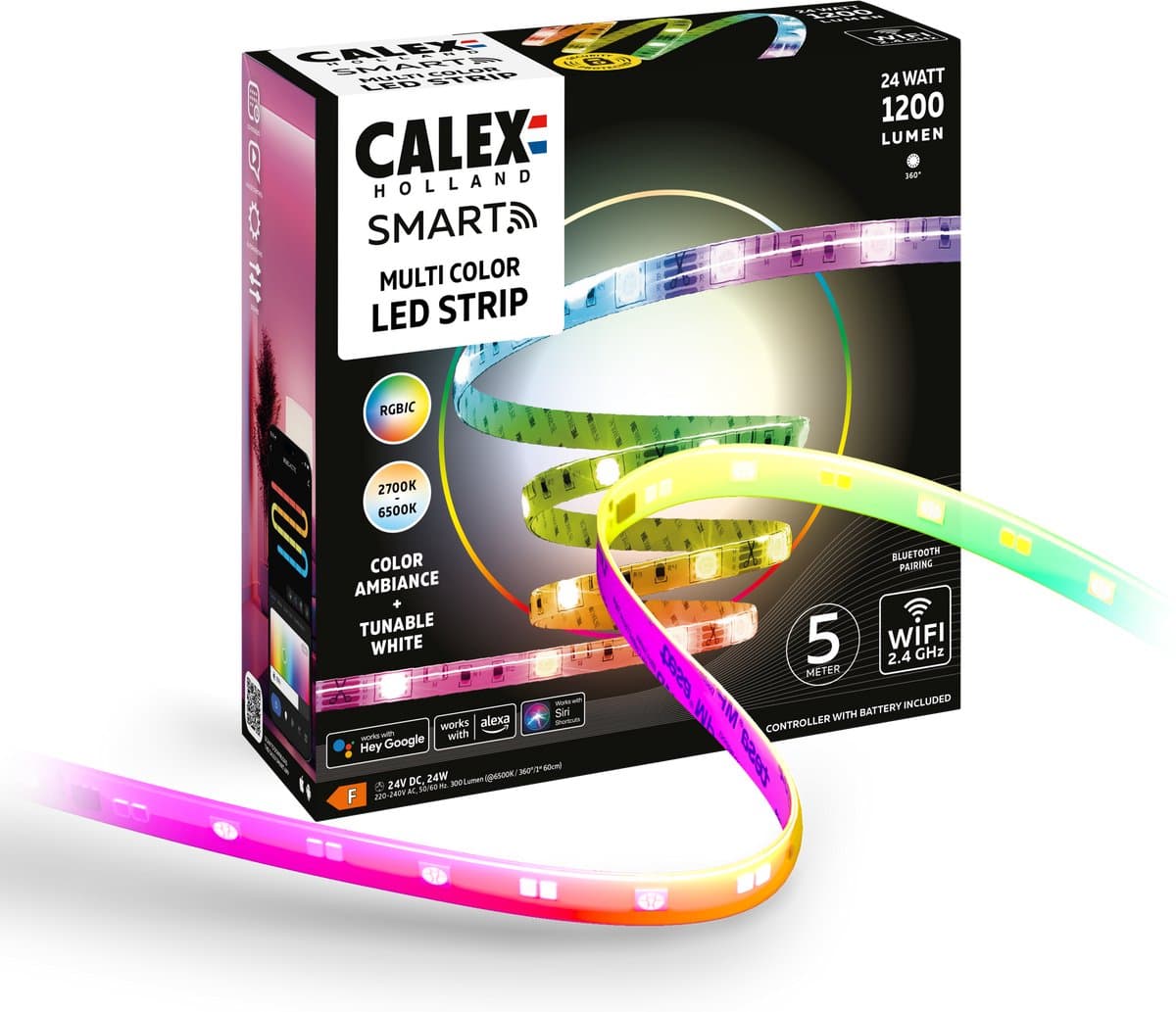 Calex Smart LED Strip - 5M, Slimme Lichtstrip, RGBIC+CCT, App bedienbaar, Binnengebruik, 24W