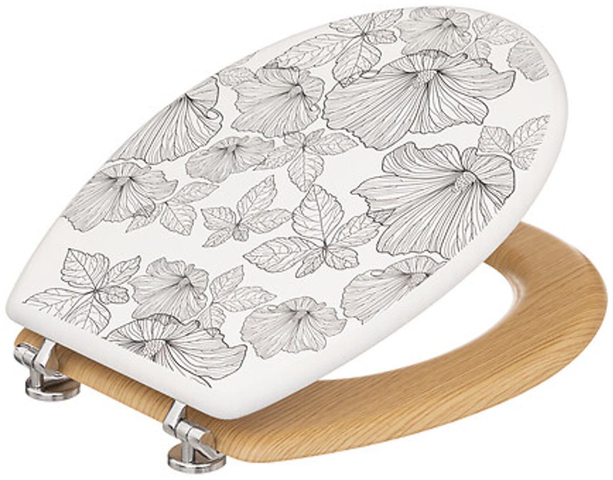 5five Zwarte Bloemen Toiletzitting - 42,5 x 36 cm, Zwart-witte Bloemen