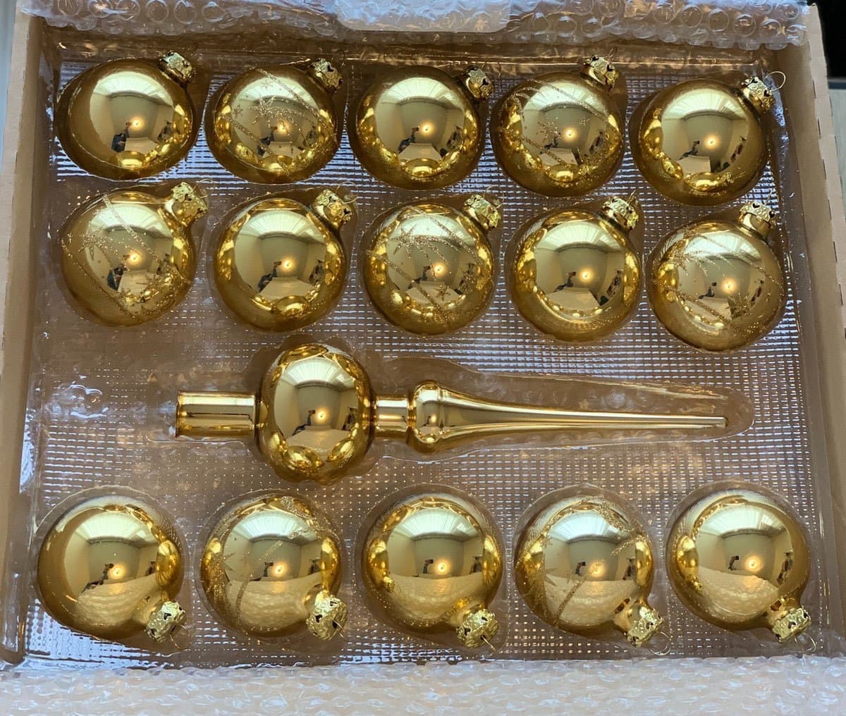ZoeZo Design - Kerstbal 15 stuks - + piek - kerstballenset - Goud - Glas - ballen Ø 6 cm - Piek 24 cm