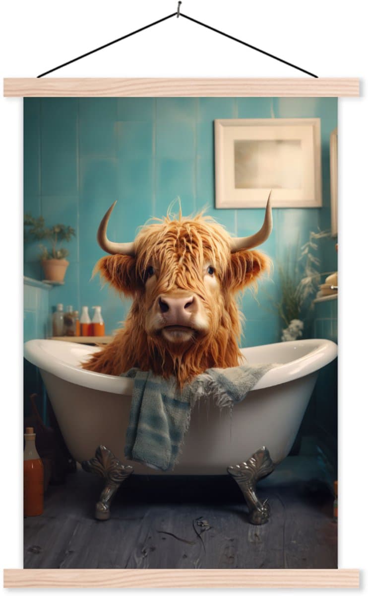 Posterhanger incl. Poster 60x90 cm - Schoolplaat - Schotse hooglander - Badkamer - Blauw - Bad - Textielposter - Blanke latten