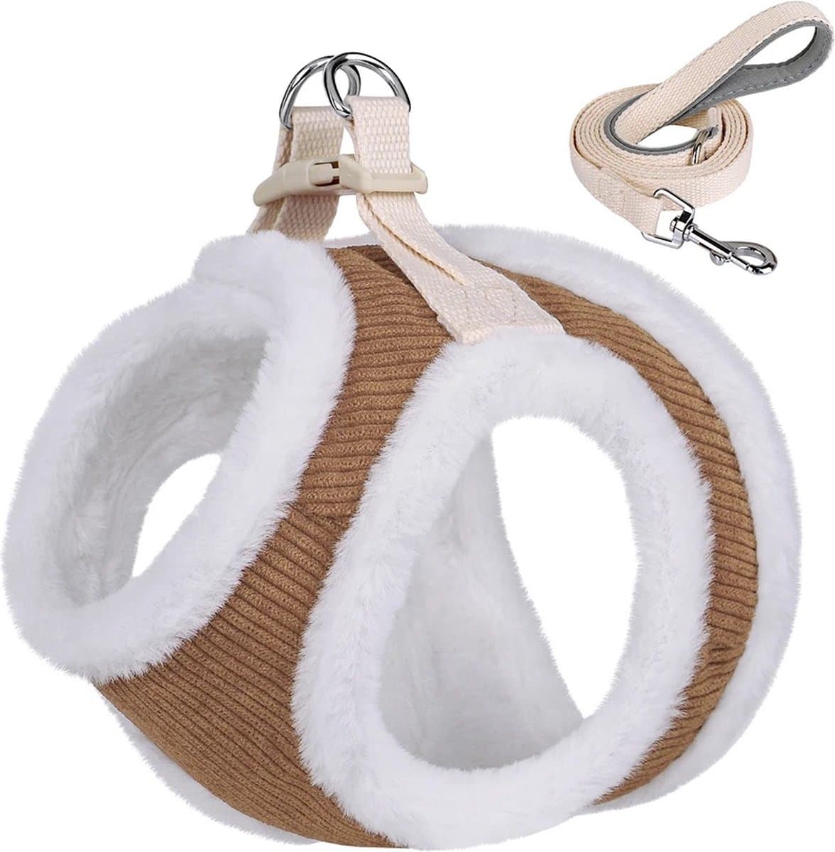 DreamPawz - Winters Hondentuigje met Leiband (Set) - Hondenharnas voor Kleine Honden - Teddy - Bruin - Large