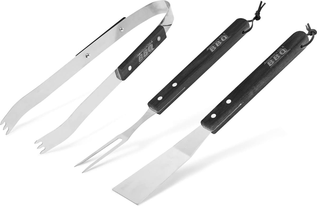 BBQ Gereedschap Set 3 Delig - RVS Barbecue Set Met Houten Handvat - Grill Tang, Vork En Spatel - BBQ Accessoires Voor Grillen En Barbecue