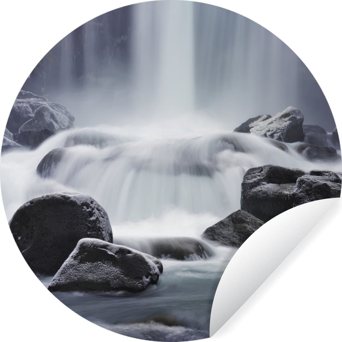 WallCircle - Muurstickers - Behangcirkel - Waterval - Stenen - Natuur - 100x100 cm - Muurcirkel - Zelfklevend - Ronde Behangsticker XXL