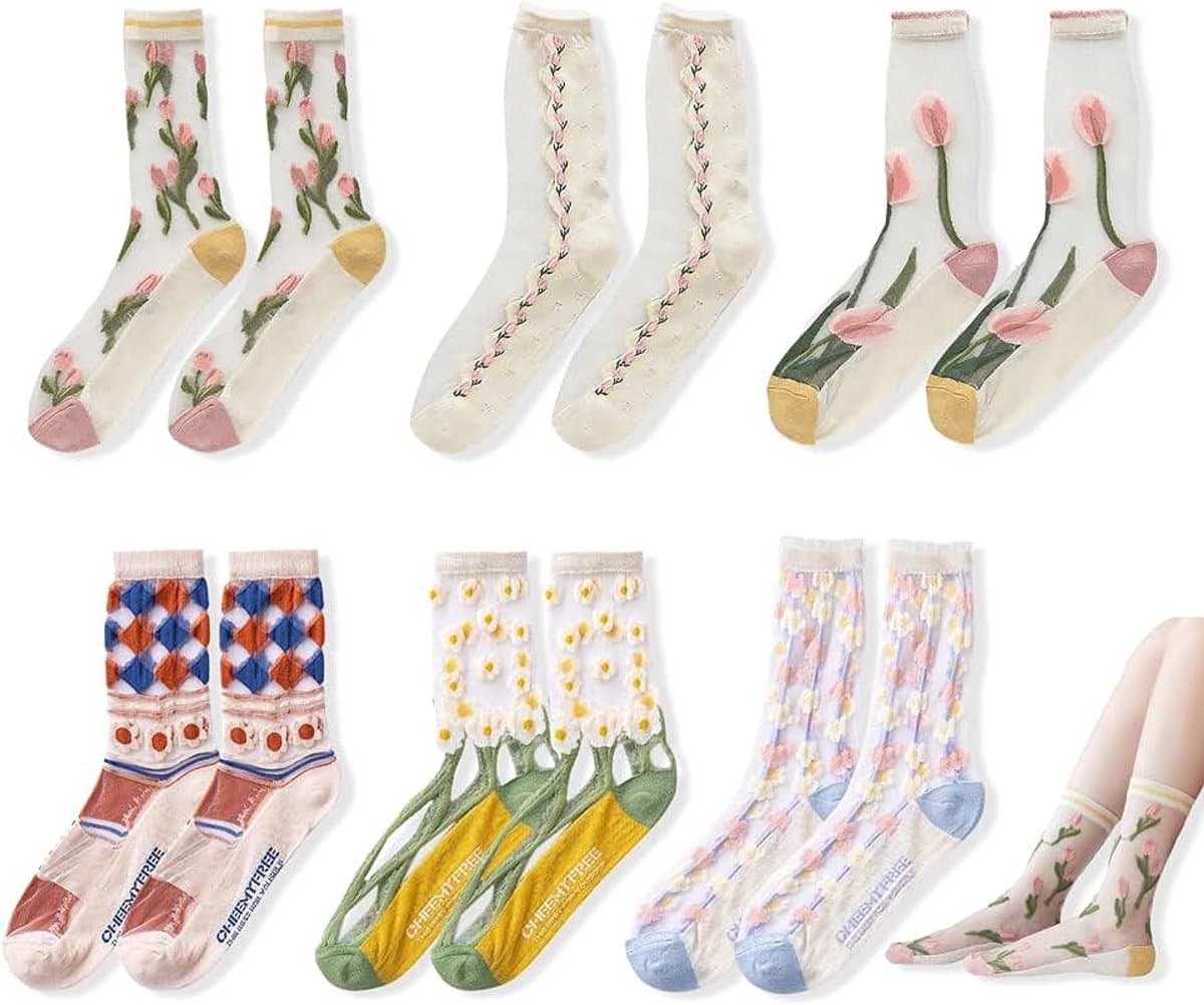 6 Paar Doorzichtige Sokken, Mesh Sheer Sokken voor Dames, Bloemen Elastische Dunne Transparante Nylon Sokken Netsokken Zomer Kantsokken voor Vrouwen