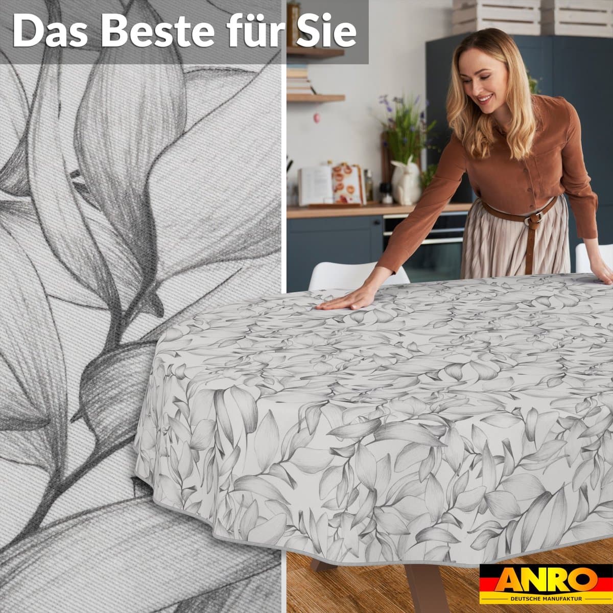 ANRO Tafelkleed Geschetste bladeren Zwart Ovaal 220x140cm Met sierband Afwasbaar Waterafstotend