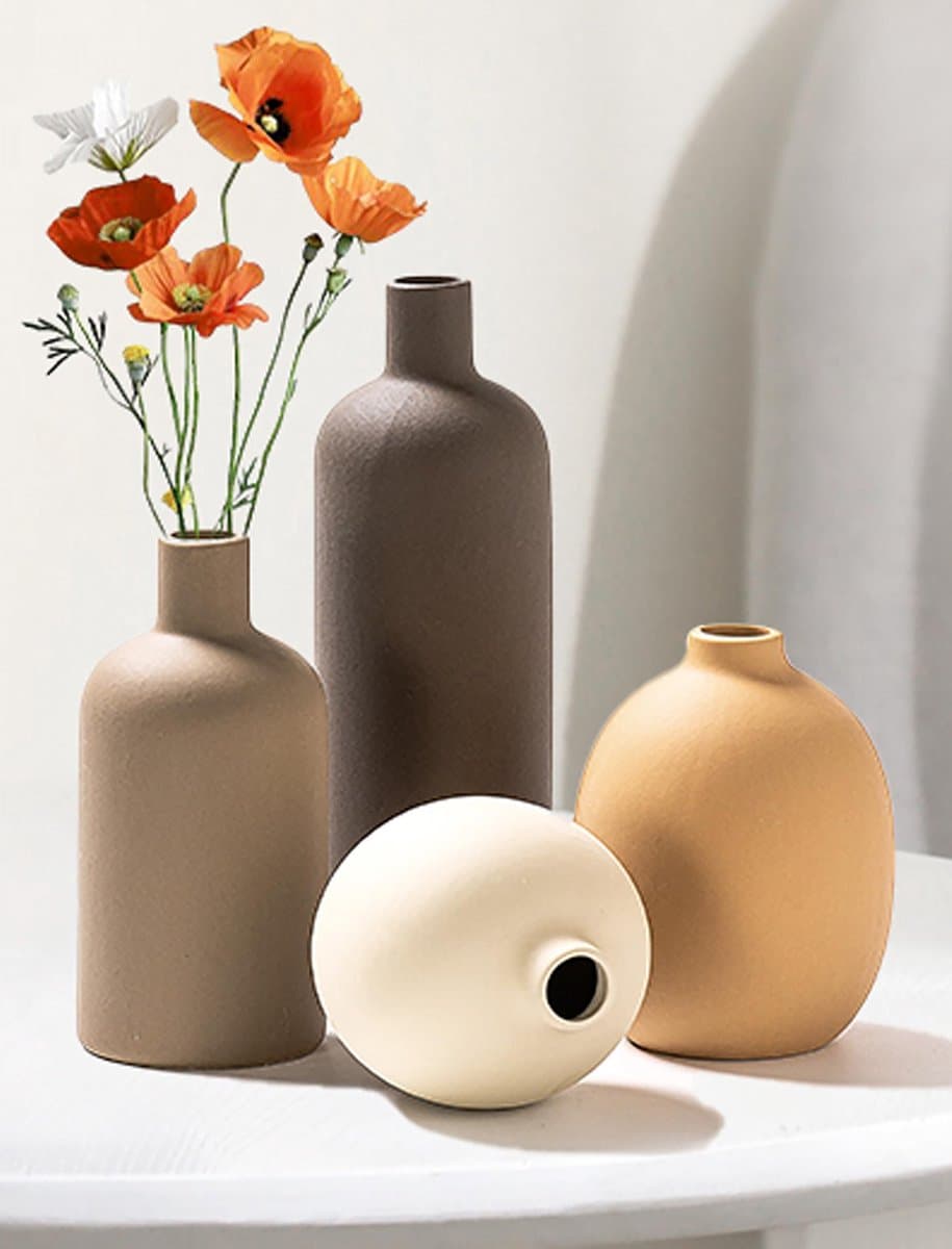 Vaas keramische bloemenvaas, 4 stuks, elegant pampasgras, decoratieve kleine vazen voor tafel, tafelopzetstukken, rek (donkerbruin/bruin/oranje/wit)