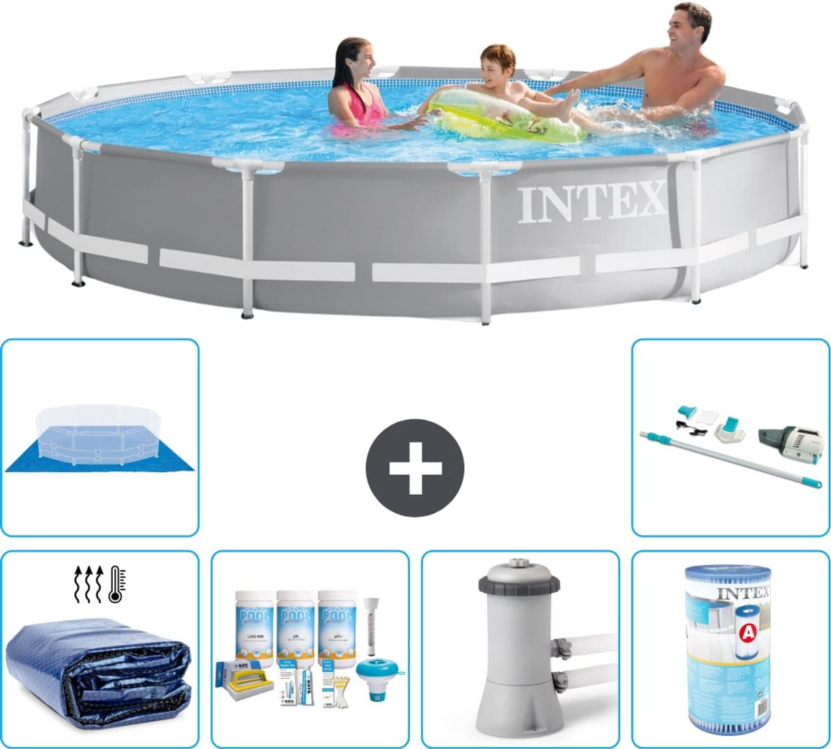 Intex Rond Prism Frame Zwembad - 366 x 76 cm - Grijs - Inclusief Solarzeil - Onderhoudspakket - Zwembadfilterpomp - Filter - Grondzeil - Stofzuiger - 7-delig