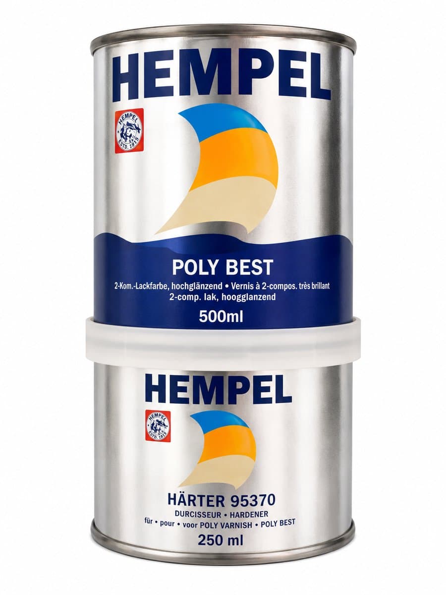 Hempel Poly Best 2-Componenten Hoogglans Polyurethaan Jachtlak 500 ml + Verharder 250 ml Transparante Blanke Bootlak voor Hout, Polyester, Staal en Aluminium