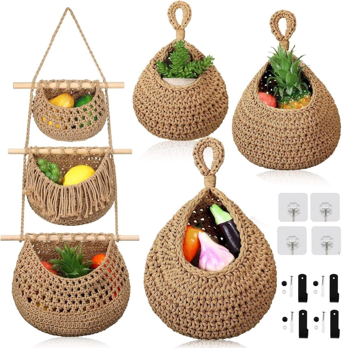 Dailygoods- Fruitmand 3-laags - Opbergmand Muur - Geweven Katoenen Touw - Decoratief Bohemien Design - Inclusief Haken - Ruimtebesparend