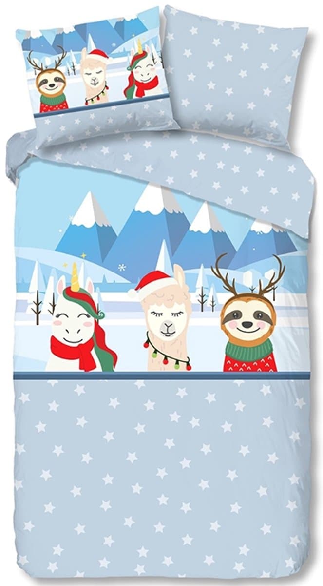 Good Morning Kinderdekbedovertrek "dieren in winterthema" - Blauw - (140x200/220 cm) - Katoen Flanel