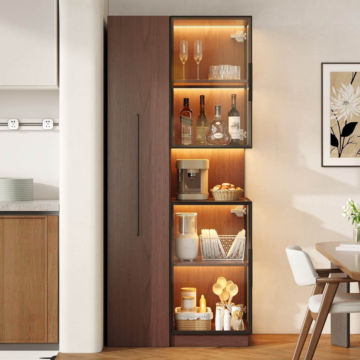 Glazen vitrinekast 70×38×160 cm met displayplank - voorzien van LED-verlichting - berging - woonkamer - eetkamer - keuken - walnootkleur