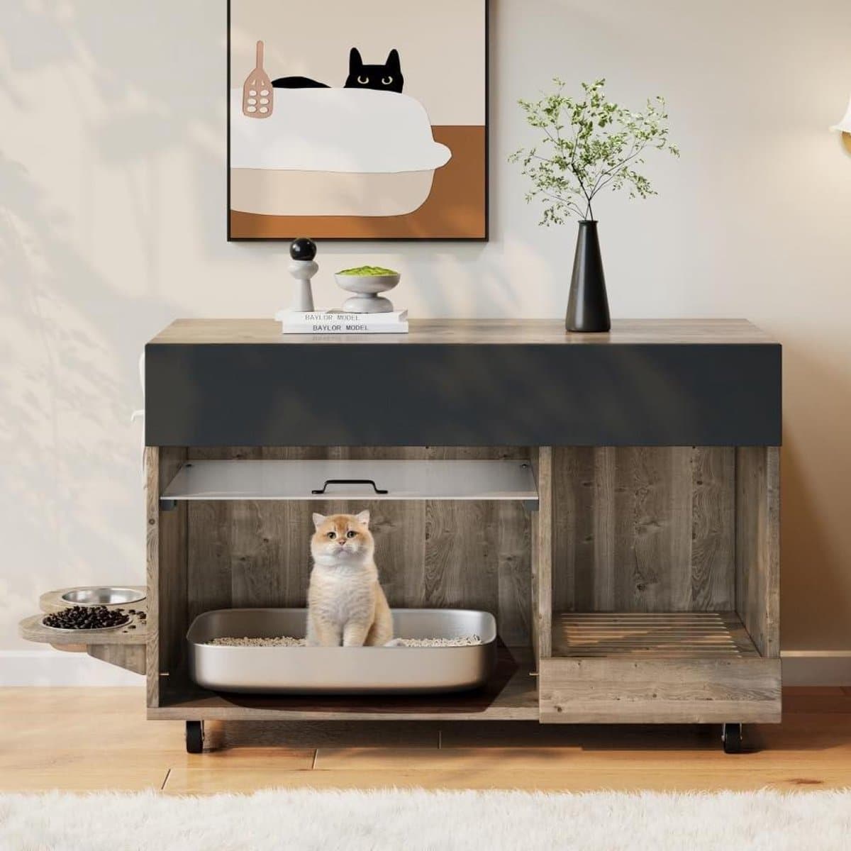 Kattenbak Kast - Kattenmeubel Kattenhuis - Huis Dieren Geurloos - Afneembare Zandplaat - 100 x 45.5 x 67 cm - Walnoot