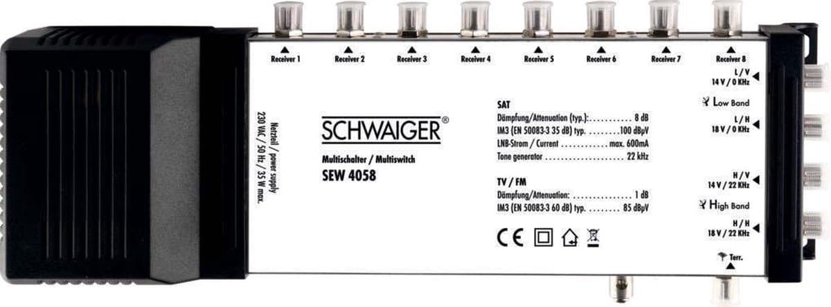 Schwaiger SEW4058 Satelliet multiswitch Ingangen (satelliet): 5 (4 satelliet / 1 terrestrisch) Aantal gebruikers: 8