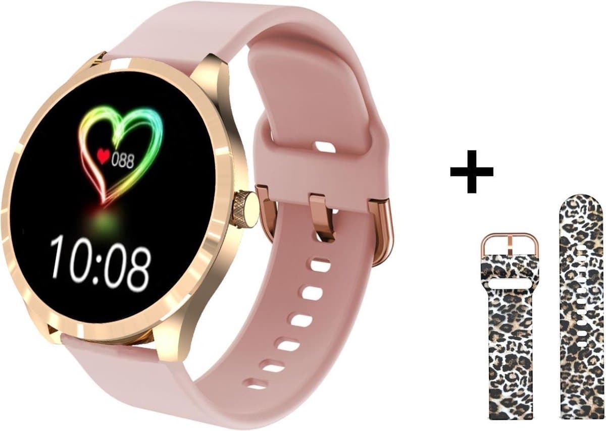 Belesy® BQSiRgPk Pro - Smartwatch Dames – Smartwatch Heren - Horloge - 1.28 inch - Kleurenscherm - Stappenteller - Bloeddruk - Hartslag - 75+ Wijzerplaten – Sporten – Goud – Siliconen – Roze – extra polsband Panterprint - Kerstcadeau
