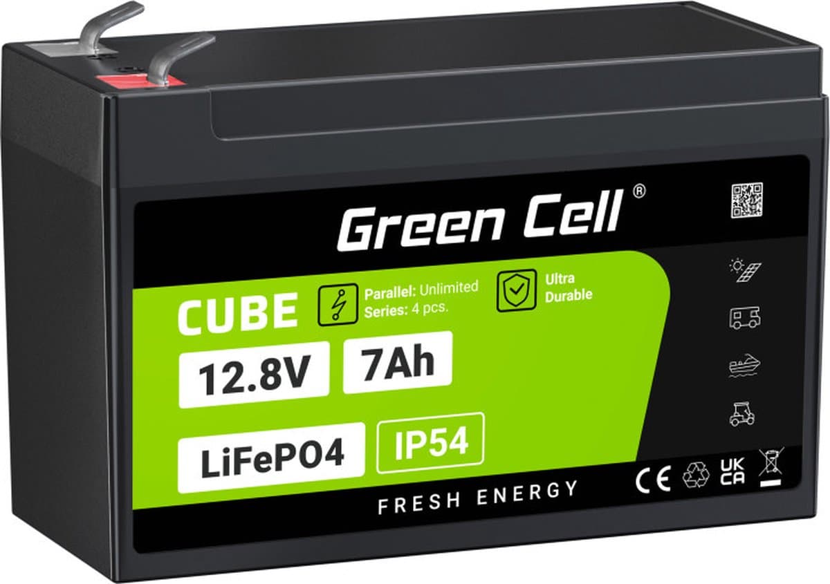 Green Cell CUBE 12.8V 7Ah LiFePO4 155x70x100mm IP54 accu voor zonnepanelen en campers