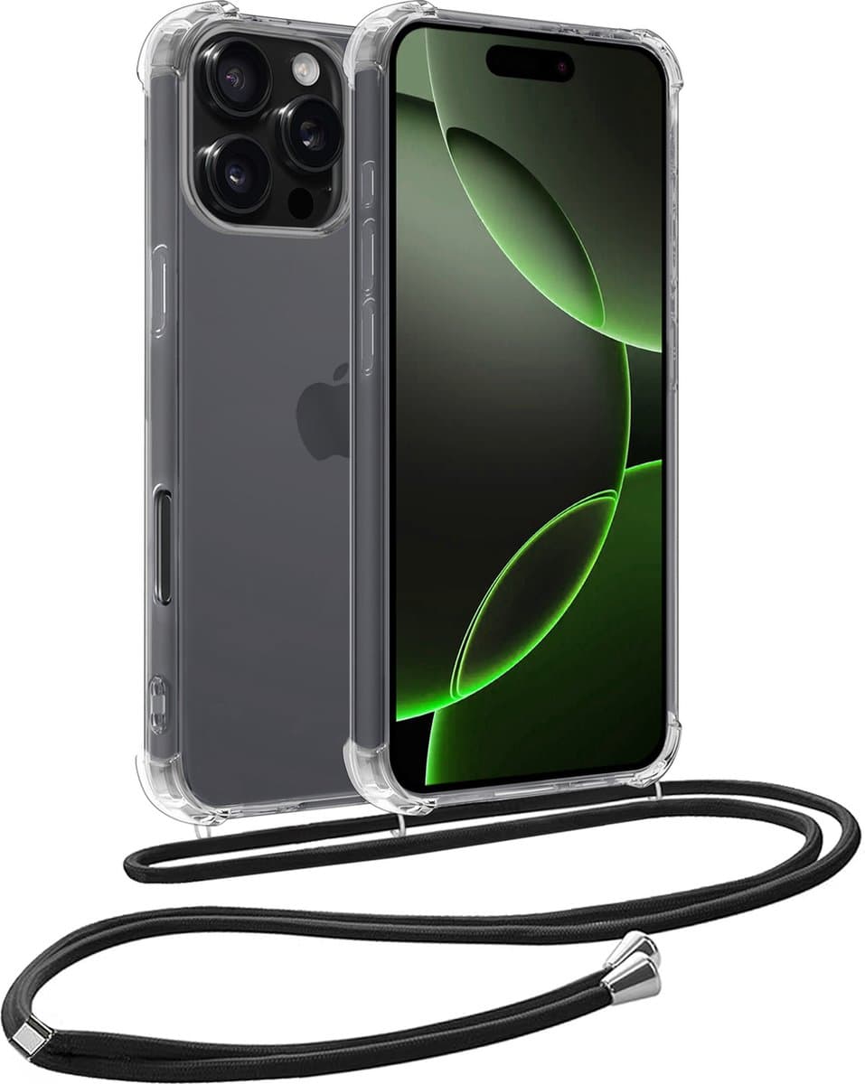 Hoesje Geschikt voor Apple iPhone 16 Pro Max - Met Koord - Shock Proof - Siliconen Case - Back Cover - Telefoonkoord - Telefoon Hoes Shockproof - Telefoonketting - Transparant