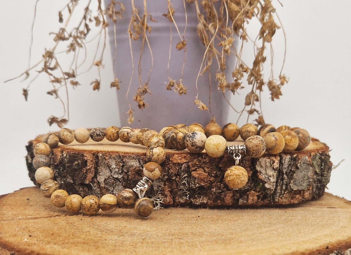 Handgemaakte Fatema natuursteen armband met natuursteen hanger " Picture Jasper " - 10 mm diameter van de korrel- Diameter armband 20 cm - Een mooi cadeau voor familie en vrienden