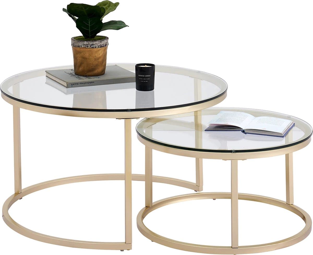 KTN® - Salontafel - Set van 2 - Rond - Bijzettafel - Koffietafel - Gouden Poten - Transparant - Glas - 80 & 60 CM
