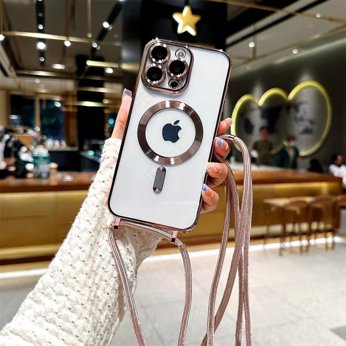 iPhone 14 Pro Magsafe Silicone Hoes met Koord / Touwtje - Rose Goud
