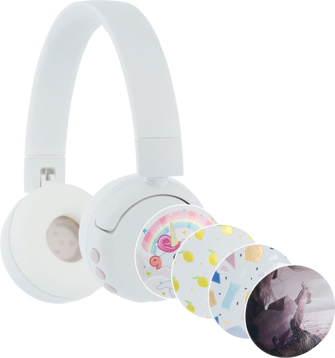 BuddyPhones PopFun Koptelefoon Kinderen - Kinder Koptelefoon Draadloos – Volumelimiet 84/95 dB – 24 uur batterijduur – Bluetooth Hoofdtelefoon - Ingebouwde microfoon - Inclusief Leuke Stickers - Wit