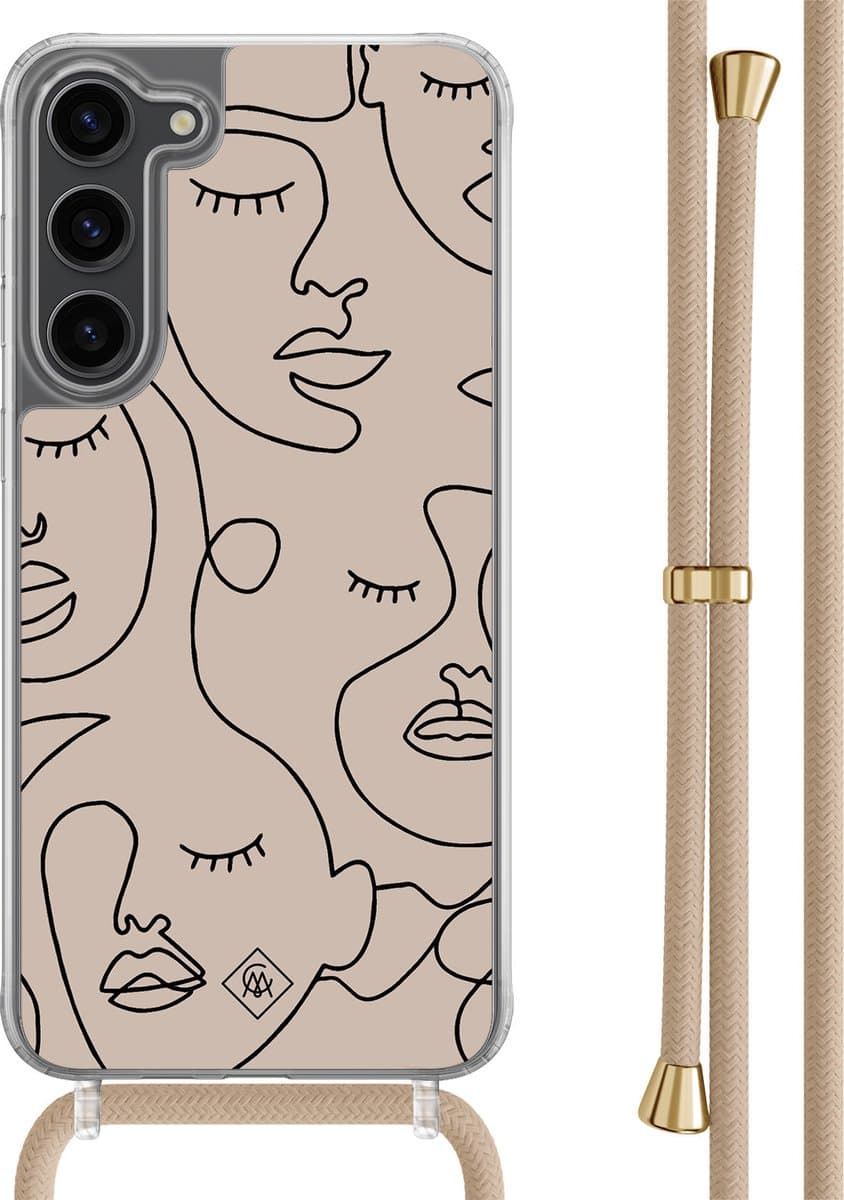 Casimoda® hoesje met beige koord - Geschikt voor Samsung S23 Plus - Abstract Faces - Afneembaar koord - TPU/polycarbonaat - Bruin/beige