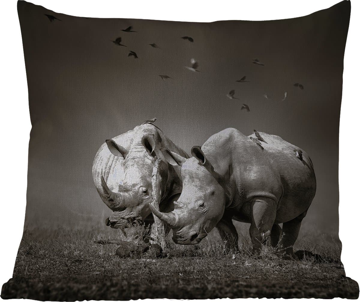 Buitenkussen - Neushoorn - Vogel - Dieren - Landschap - Zwart wit - 45x45 cm - Weerbestendig