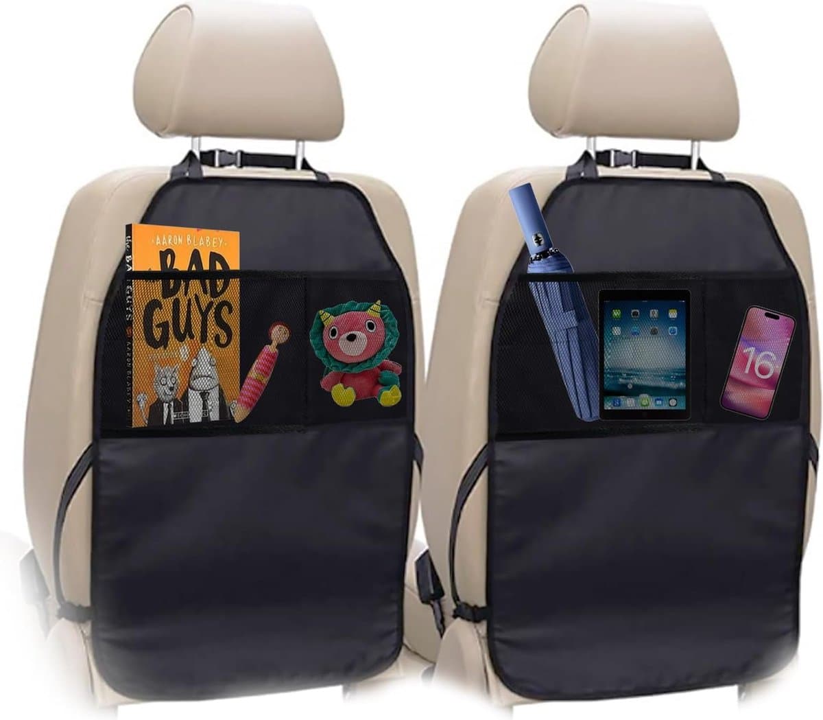 Set van 2 autostoelrugleuningbeschermers, rugleuningbescherming, autokinderwaterdicht, autoachterbankorganizer, stoelbeschermer, autorugleuning, voor het opbergen van kinderspullen, tablets, etc