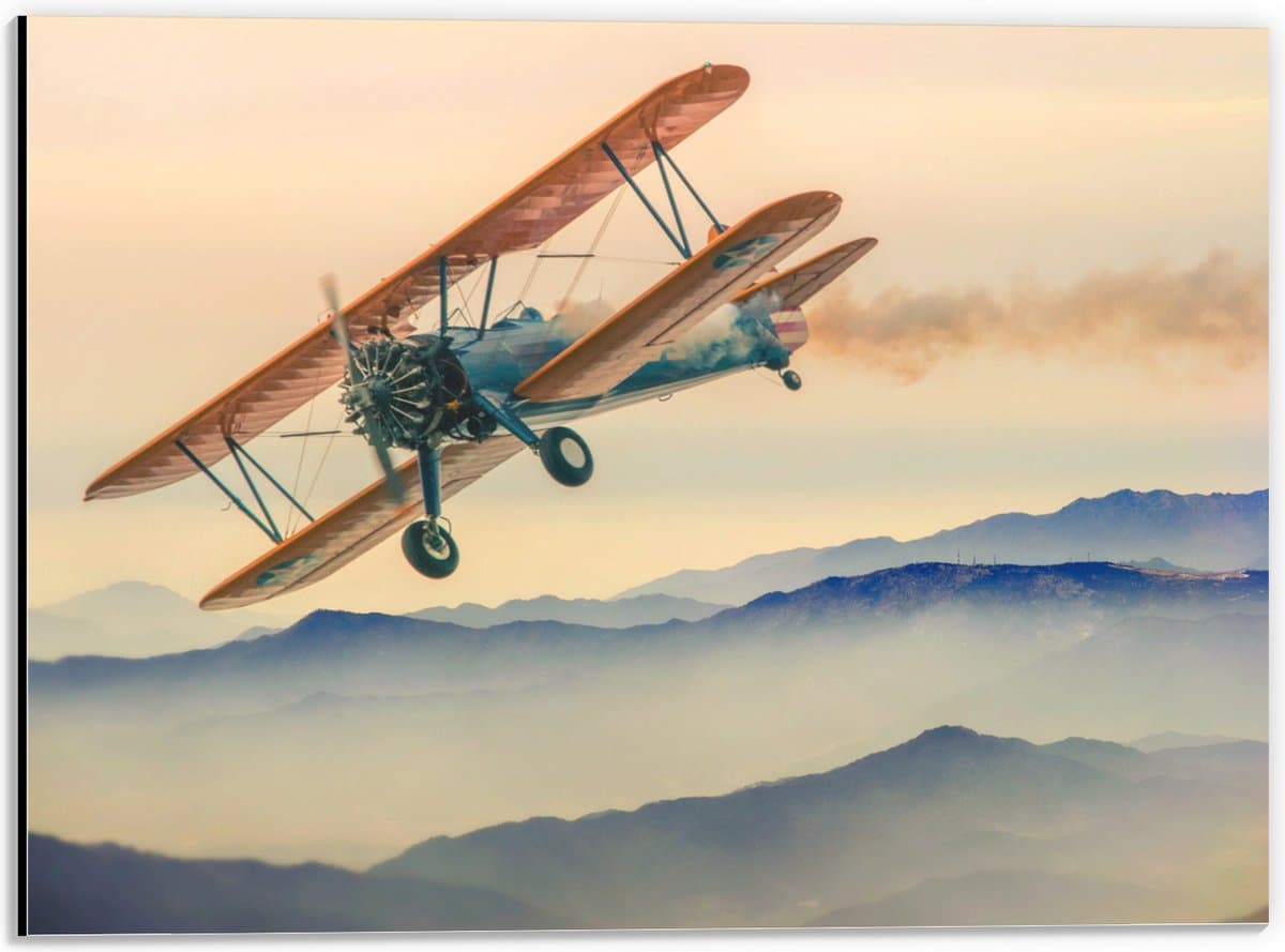 Dibond - Klein Vliegtuig boven Bergen - 40x30 cm Foto op Aluminium (Wanddecoratie van metaal)
