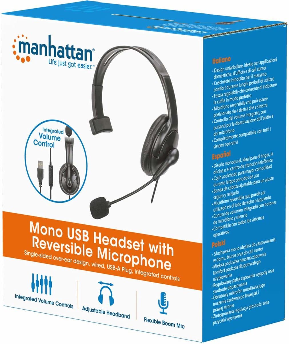 Manhattan 180849 hoofdtelefoon/headset Bedraad Hoofdband Kantoor/callcenter USB Type-A Zwart