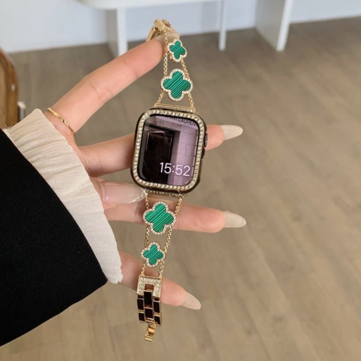 MY PROTECT - Luxe Metalen Clover Lucky Green Bandje - Geschikt Voor Apple Watch Bandje - Series 1/2/3/4/5/6/7/8/9/10/SE/Ultra - 44mm - 45mm - 46mm - 49mm - Goud
